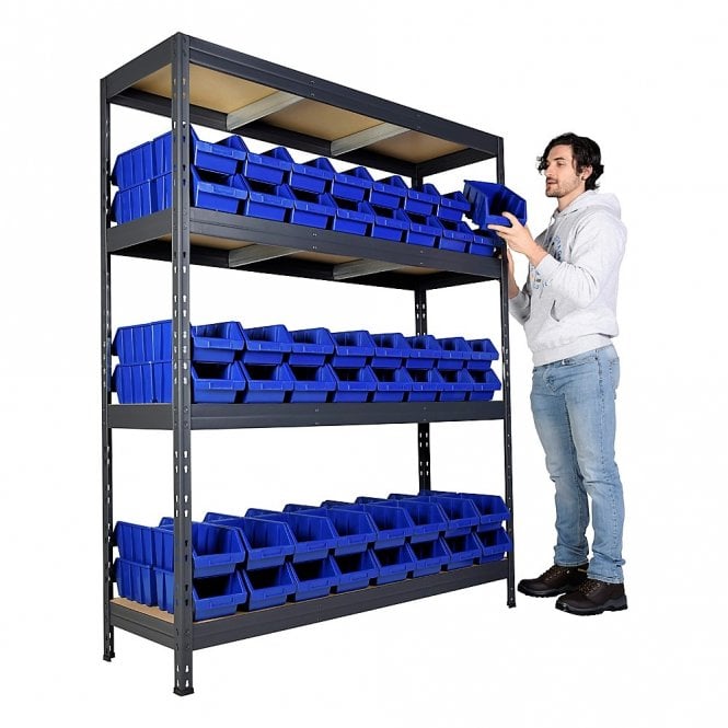 Rivet 45 Shelving H1800 x W1500 x D450mm 4 Shelf Level 300kg UDL with 96 Boulder 3 Picking Bins