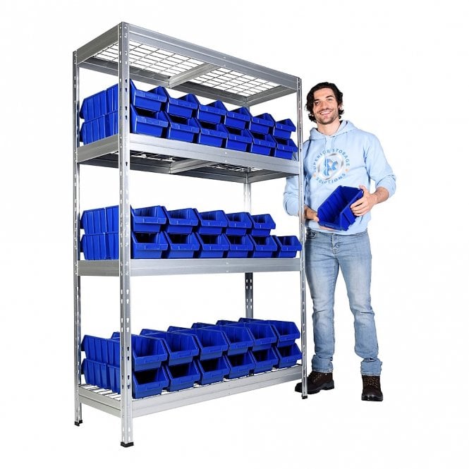 Galvanised Mesh Shelving H1800 x W1200 x D450mm 4 Shelf Level 300kg UDL with 72 Boulder 3 Picking Bins