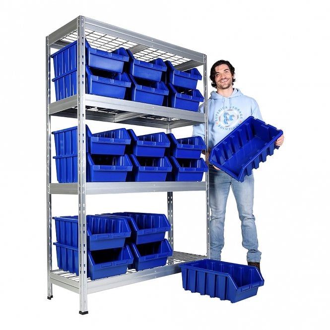 Galvanised Mesh Shelving H1800 x W1200 x D450mm 4 Shelf Level 300kg UDL with 18 Boulder 5 Picking Bins