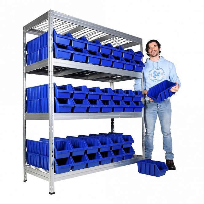 Galvanised Mesh Shelving H1800 x W1500 x D600mm 4 Shelf Level 400kg UDL with 84 Boulder 4 Picking Bins