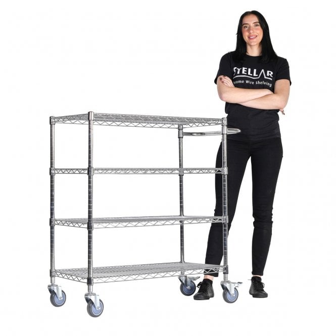 Stellar Chrome Wire Trolley H1050 x W915 x D460mm 4 Shelf Level 75kg UDL