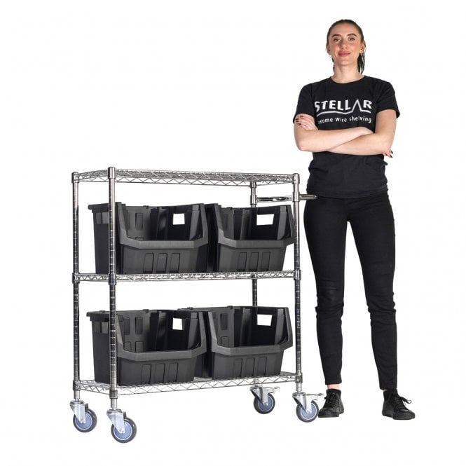 Stellar Chrome Wire Trolley H1050 x W915 x D355mm 3 Shelf Level 100kg UDL with 4 Boulder MAX 6 Picking Bins