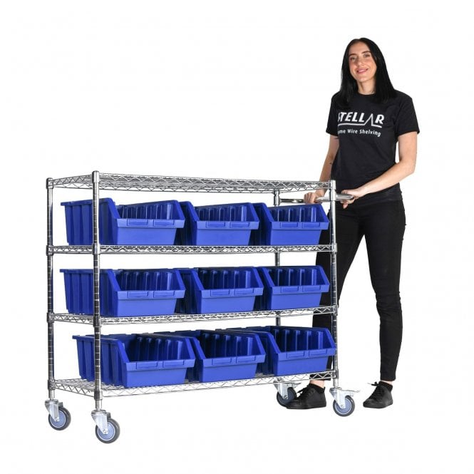 Stellar Chrome Wire Trolley H1050 x W1220 x D460mm 4 Shelf Level 75kg UDL with 9 Boulder 5 Picking Bins