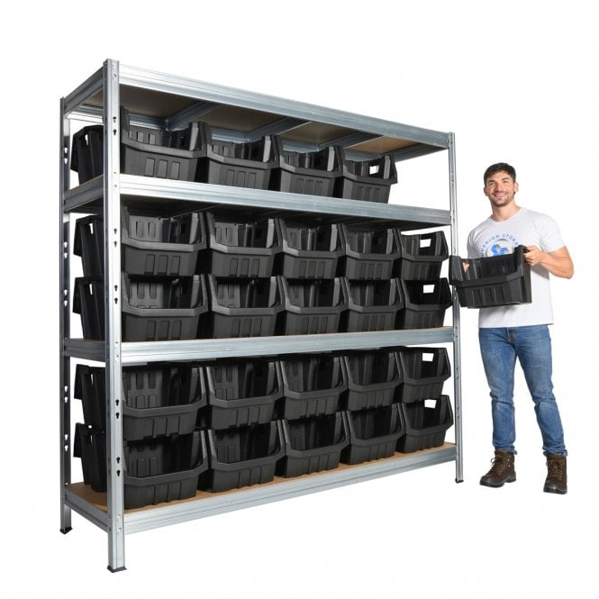 BULLRACK RIVET Longspan Shelving H2000 x W2100 x D600mm 4 Chipboard Shelf Level 600kg UDL with 50 Boulder MAX 6 Picking Bins