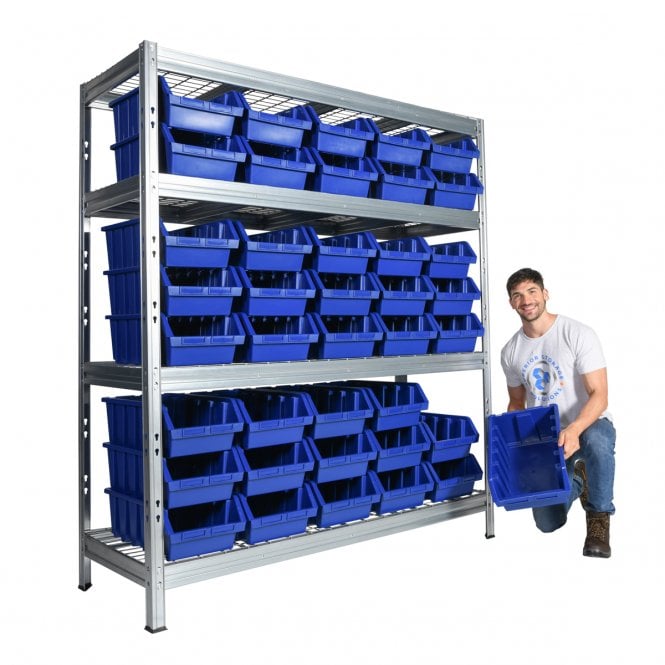 BULLRACK RIVET Longspan Shelving H2000 x W1800 x D600mm 4 Wire Mesh Shelf Level 600kg UDL with 40 Boulder 5 Picking Bins
