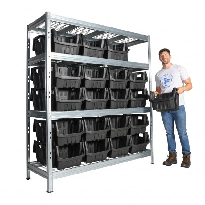 BULLRACK RIVET Longspan Shelving H2000 x W1800 x D600mm 4 Wire Mesh Shelf Level 600kg UDL with 40 Boulder MAX 6 Picking Bins