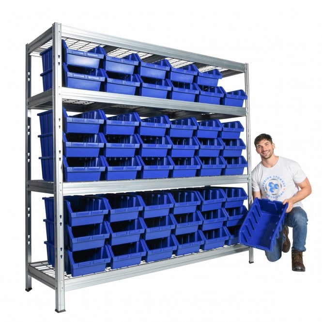 BULLRACK RIVET Longspan Shelving H2000 x W2100 x D600mm 4 Wire Mesh Shelf Level 600kg UDL with 48 Boulder 5 Picking Bins