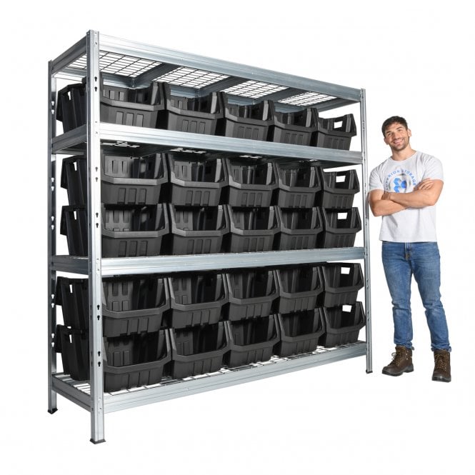 BULLRACK RIVET Longspan Shelving H2000 x W2100 x D600mm 4 Wire Mesh Shelf Level 600kg UDL with 50 Boulder MAX 6 Picking Bins
