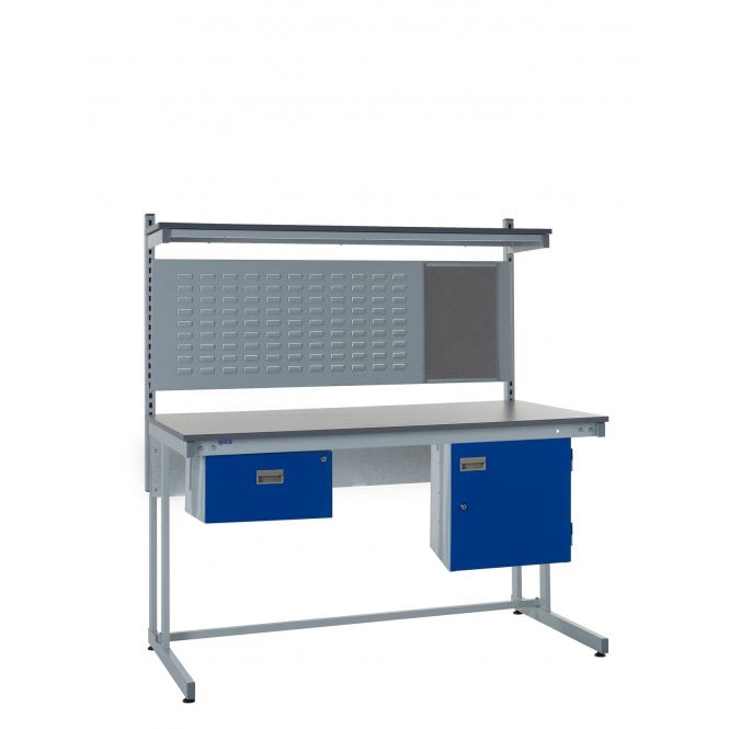 KIT C: Cantilever Workbench - Laminate Top H.840 W.1200 D.750 - Single Drawer, Storage Cupboard, 760mm Rear Support Posts, Louvre Panel & Laminate Upper Shelf