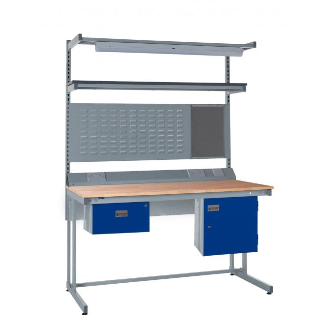 KIT E: Cantilever Workbench - Beech Top H.840 W.1200 D.750 - Single Drawer, Storage Cupboard, 1180mm Rear Support Posts, Service Duct Worktop Fitting, Light & Tool Rail Support, 3 Setting LED Light 30 Watt, Louvre Panel & Beech Upper Shelf