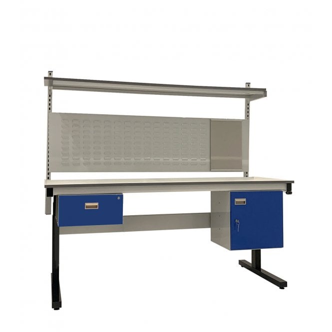 KIT C: Electric Height Adjustable Workbench - Laminate Top H.840 W.1200 D.750 - Single Drawer, Storage Cupboard, 760mm Rear Support Posts, Louvre Panel & Laminate Upper Shelf