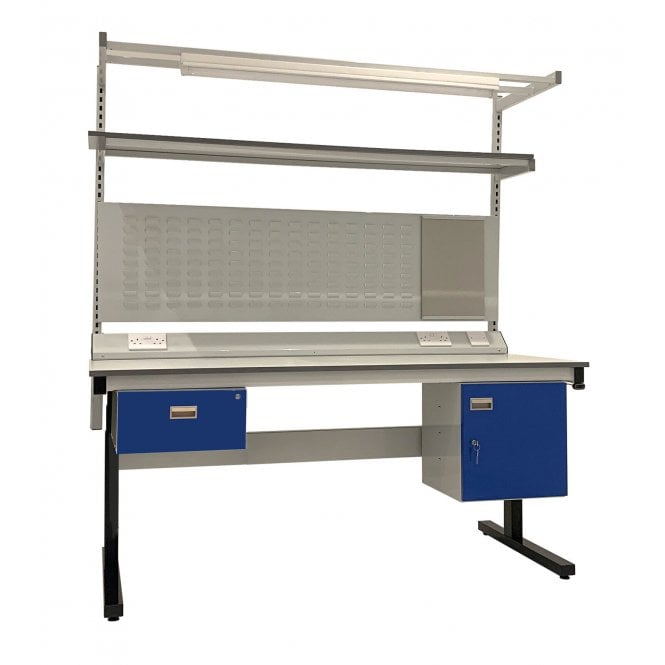 KIT E: Electric Height Adjustable Workbench - Laminate Top H.840 W.1200 D.750 - Single Drawer, Storage Cupboard, 1180mm Rear Support Posts, Service Duct Worktop Fitting, Light & Tool Rail Support, 3 Setting LED Light 30 Watt, Louvre Panel & Laminate Upper