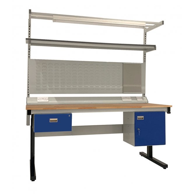 KIT E: Electric Height Adjustable Workbench - Beech Top H.840 W.1200 D.750 - Single Drawer, Storage Cupboard, 1180mm Rear Support Posts, Service Duct Worktop Fitting, Light & Tool Rail Support, 3 Setting LED Light 30 Watt, Louvre Panel & Beech Upper Shelf