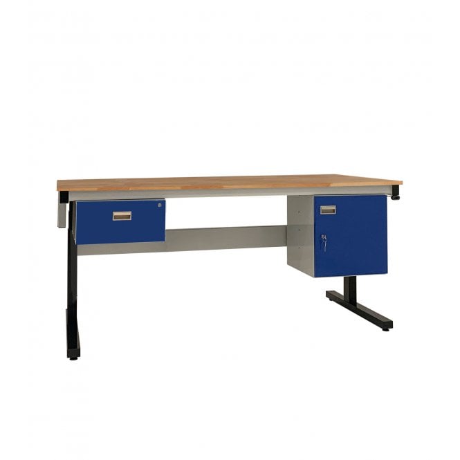 KIT A: Electric Height Adjustable Workbench - Beech Top H.840 W.1200 D.750 - Single Drawer & Storage Cupboard