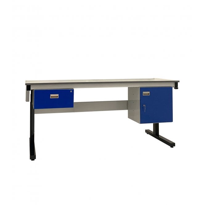 KIT A: Electric Height Adjustable Workbench - Laminate Top H.840 W.1200 D.750 - Single Drawer & Storage Cupboard