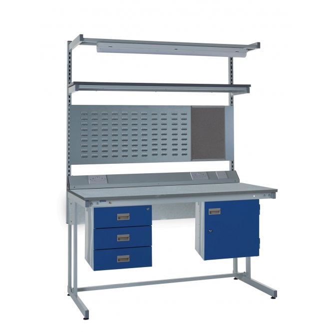KIT F: Cantilever ESD Workbench - Lamstat Top H.840 W.1200 D.750 - Storage Cupboard, Triple Drawer Unit, 1180mm Rear Support Posts, Service Duct Worktop Fitting, Light & Tool Rail Support, 3 Setting LED Light 30 Watt, Louvre Panel & Lamstat Upper Shelf