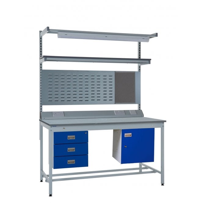 KIT F: Square Tube ESD Workbench - Lamstat Top H.840 W.1200 D.750 - Storage Cupboard, Triple Drawer Unit, 1180mm Rear Support Posts, Service Duct Worktop Fitting, Light & Tool Rail Support, 3 Setting LED Light 30 Watt, Louvre Panel & Lamstat Upper Shelf