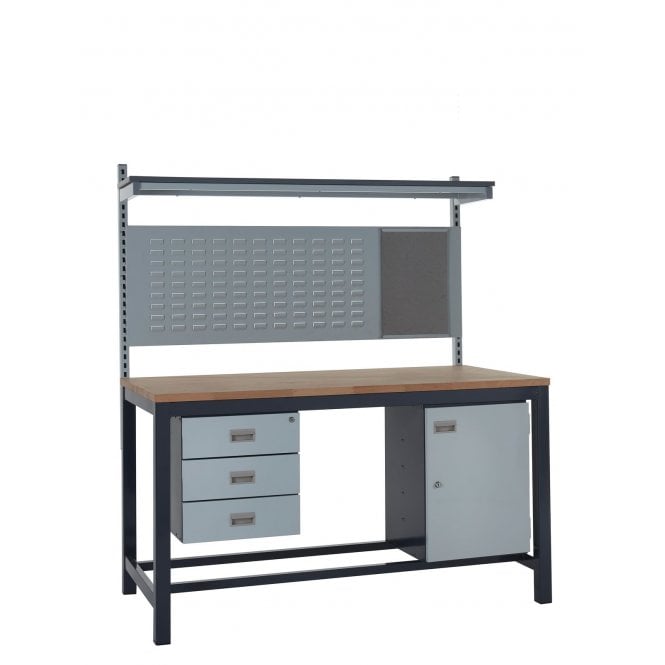 KIT D: Heavy Duty Workbench - Beech Top H.840 W.1200 D.750 - Storage Cupboard, Triple Drawer Unit, 760mm Rear Support Posts, Louvre Panel & Beech Upper Shelf