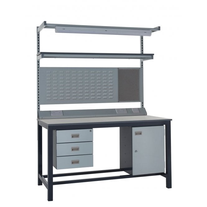 KIT F: Heavy Duty Workbench - Laminate Top H.840 W.1200 D.750 - Storage Cupboard, Triple Drawer Unit, 1180mm Rear Support Posts, Service Duct Worktop Fitting, Light & Tool Rail Support, 3 Setting LED Light 30 Watt, Louvre Panel & Laminate Upper Shelf
