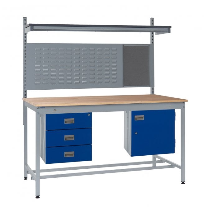 KIT D: Square Tube Workbench - Beech Top H.840 W.1200 D.750 - Storage Cupboard, Triple Drawer Unit, 760mm Rear Support Posts, Louvre Panel & Beech Upper Shelf