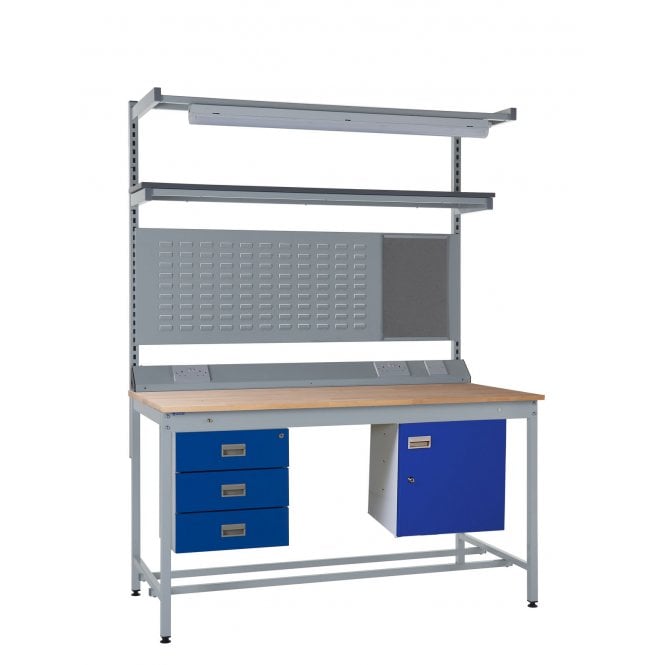 KIT F: Square Tube Workbench - Beech Top H.840 W.1200 D.750 - Storage Cupboard, Triple Drawer Unit, 1180mm Rear Support Posts, Service Duct Worktop Fitting, Light & Tool Rail Support, 3 Setting LED Light 30 Watt, Louvre Panel & Beech Upper Shelf