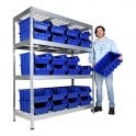 Galvanised Mesh Shelving H1800 x W1500 x D600mm 4 Shelf Level 400kg UDL with 24 Boulder 5 Picking Bins