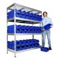 Galvanised Mesh Shelving H1800 x W1500 x D600mm 4 Shelf Level 400kg UDL with 84 Boulder 4 Picking Bins