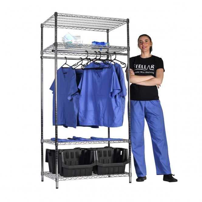 Stellar Chrome Wire Garment Racking Double Rail 915mm Wide x 610mm Deep with Under Storage