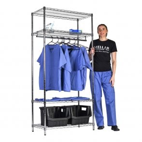 Stellar Chrome Wire Garment Racking Single Rail H1900 x W915 x D460mm 4 Shelf Level 270kg UDL + 1 Hanging Rail + 2 Boulder MAX 7 Picking Bins (shown above)