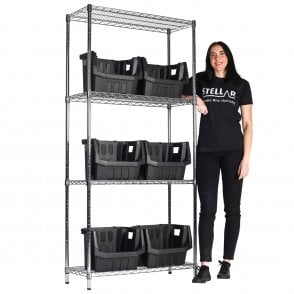 Stellar Chrome Wire Shelving H1900 x W915 x D355mm 4 Shelf Level 300kg UDL with 6 Boulder MAX 6 Picking Bins (shown above)