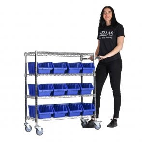 Stellar Chrome Wire Trolley H1050 x W915 x D355mm 4 Shelf Level 75kg UDL with 12 Boulder 4 Picking Bins