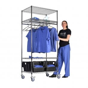 Stellar MOBILE Chrome Wire Garment Racking Double Rail H1750 x W915 x D610mm 4 Shelf Level 240kg UDL + 2 Hanging Rails + 4 Boulder MAX 6 Picking Bins