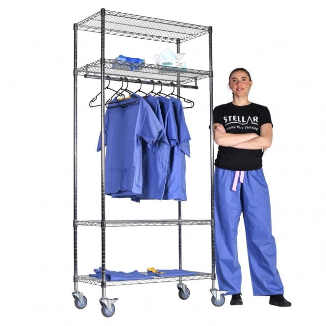 Stellar MOBILE Chrome Wire Garment Racking Single Rail 915mm Wide x 460mm Deep