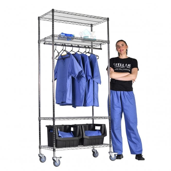 Stellar MOBILE Chrome Wire Garment Racking Single Rail 915mm Wide x 460mm Deep with Under Storage