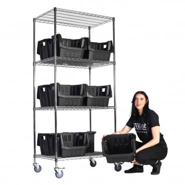 Stellar MOBILE Chrome Wire Shelving 915mm Wide x 610mm Deep with Boulder MAX 6 Picking Bins