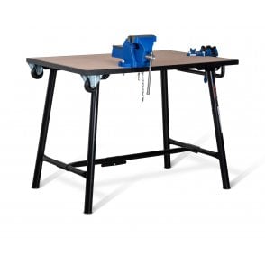Tuffbench+ c/w wheels, handle, chain vice and engineers vice – External W1140xD855xH970 - Internal (Folded Down) W1140xD855xH280 – Weight 58kg